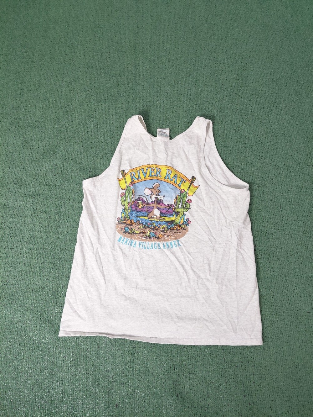 Vintage 2000 Marina Village Annex "River Rat" Mouse Surfing Y2K Light Gray Tank